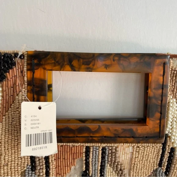 NWT Anthropologie Geometric Beaded Clutch in Beige Acrylic Handle Brown Black - Picture 4 of 11
